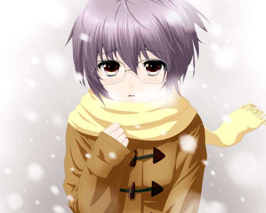 akahige breath brown_eyes glasses grey_hair nagato_yuki purple_hair scarf short_hair snow solo suzumiya_haruhi_no_yuuutsu winter_clothes