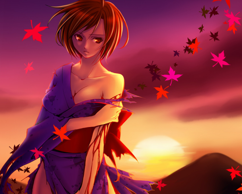 breasts brown_eyes brown_hair cleavage japanese_clothes kimono meiko off_shoulder ren_lowol short_hair solo sunset torn_clothes vocaloid