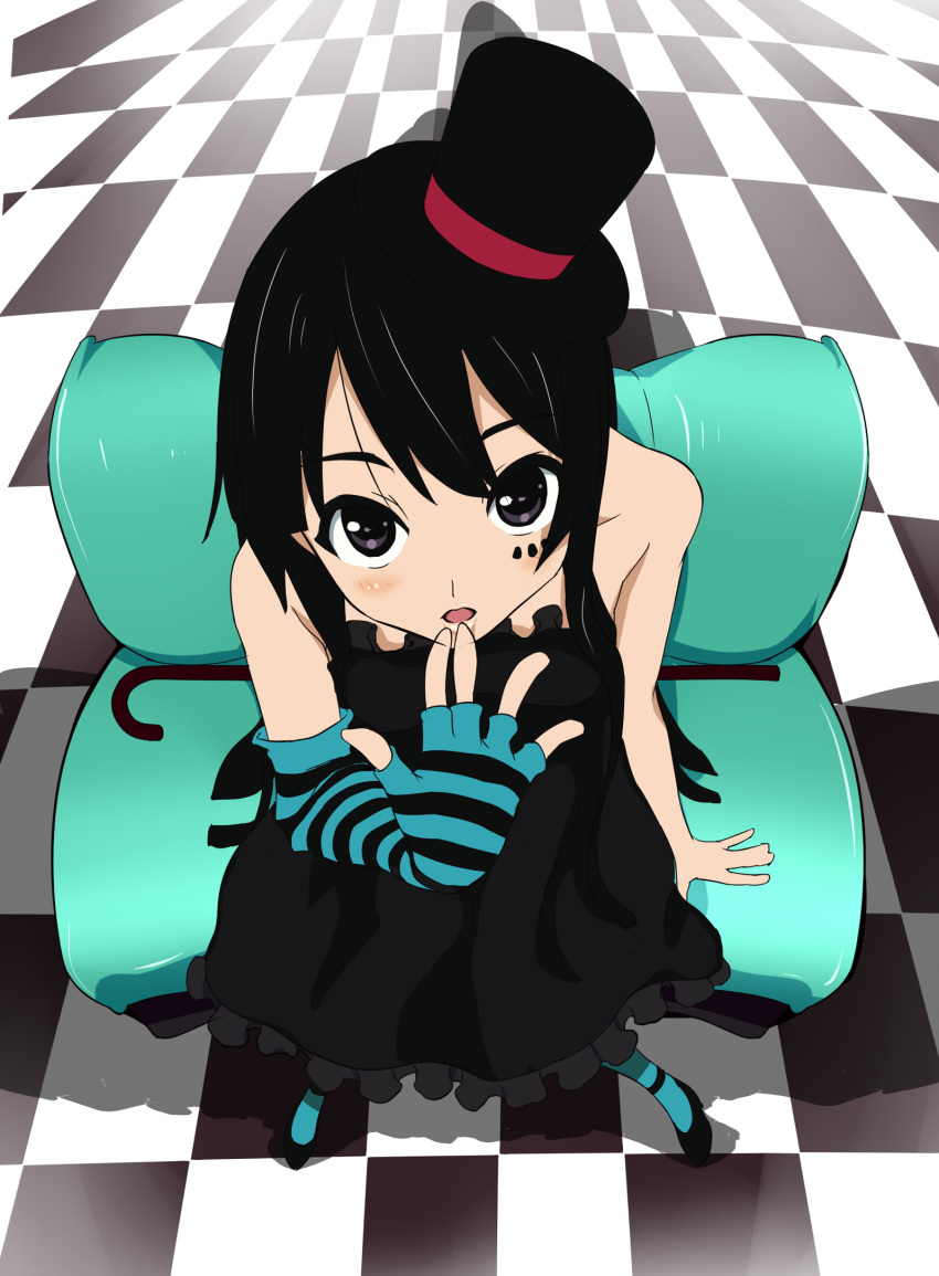 akiyama_mio bangs bare_shoulders black_eyes black_hair blue_legwear blunt_bangs cane don't_say_"lazy" elbow_gloves finger_to_mouth fingerless_gloves from_above gloves hat highres k-on! long_hair looking_up mini_top_hat pantyhose perspective sitting solo sue_sgr_u top_hat