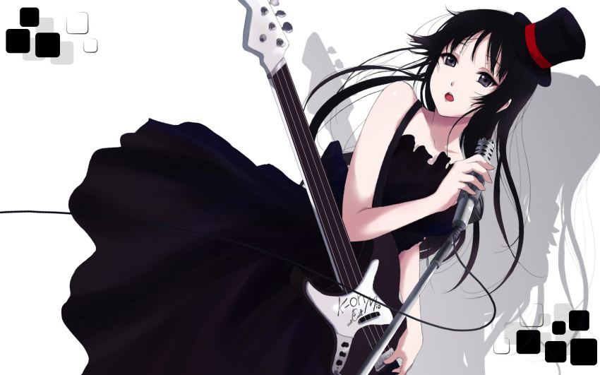 1girl akiyama_mio bass bass_guitar black_hair cait don't_say_"lazy" dress hat highres instrument k-on! long_hair microphone microphone_stand open_mouth solo wallpaper widescreen