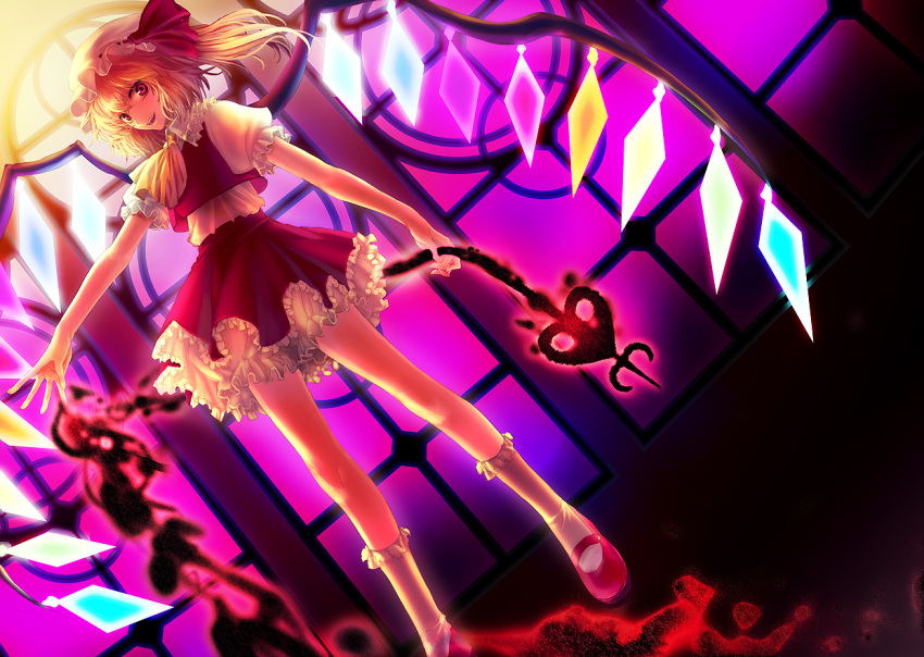 blonde_hair bloomers dress flandre_scarlet frills hat hat_ribbon irua laevatein light long_hair mary_janes open_mouth outstretched_arm ponytail red_eyes ribbon ribbons shoes short_hair side_ponytail socks solo touhou vampire weapon window wings