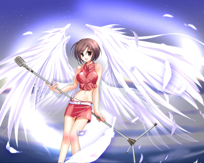 angel blush breasts brown_eyes brown_hair large_breasts meiko microphone microphone_stand solo vocaloid wings