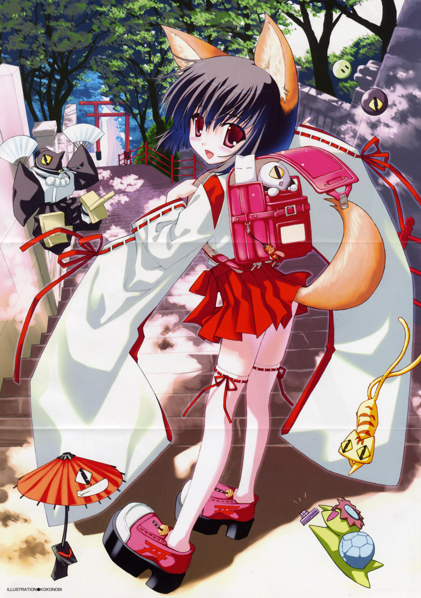 blush foxgirl highres japanese_clothes kitsunemimi loli scan short_hair skirt tail thigh_highs