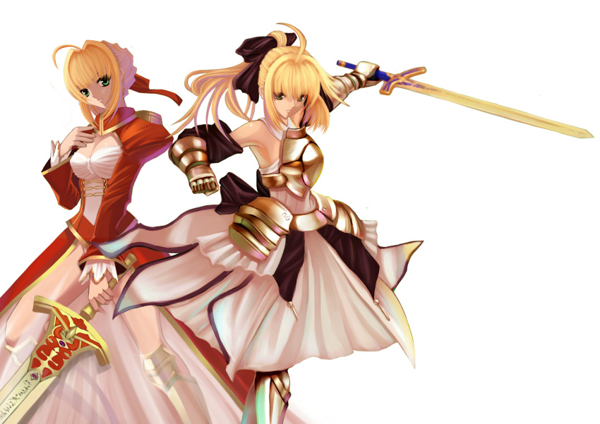 armor armored_dress blonde_hair caliburn dress epaulettes fate/extra fate/stay_night fate/unlimited_codes fate_(series) green_eyes highres paku ribbon saber saber_extra saber_lily sword weapon white