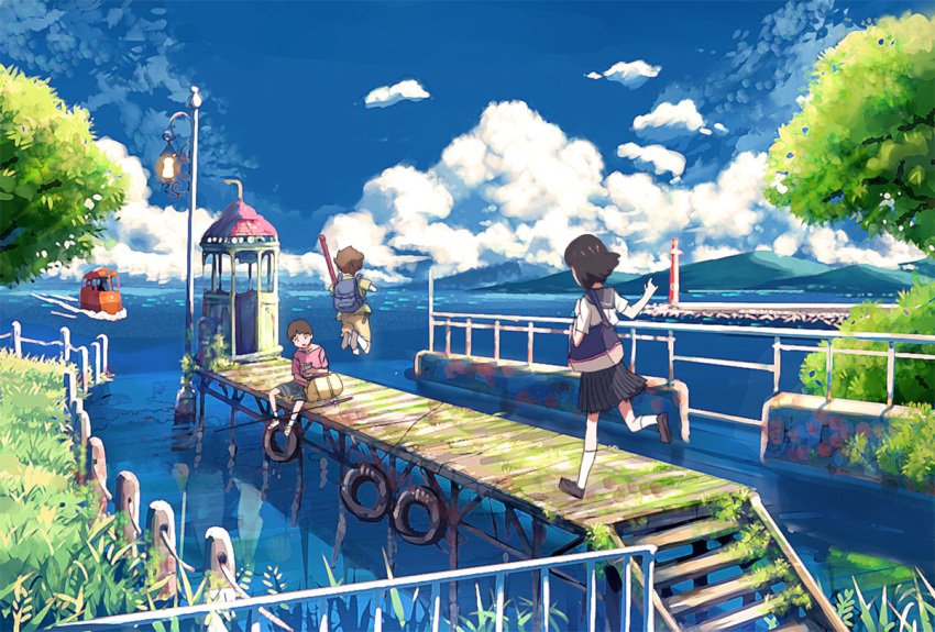 boat brown_hair cloud grass inumaru_(sougen_no_marogoya) landscape nature pier railing school_uniform sky tram tree water