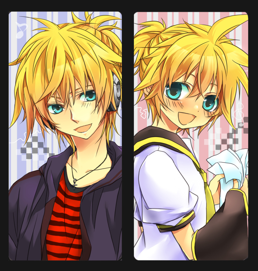 aqua_eyes bad_id blonde_hair casual child dual_persona headphones highres jewelry kagamine_len male necklace necktie smile teito vocaloid