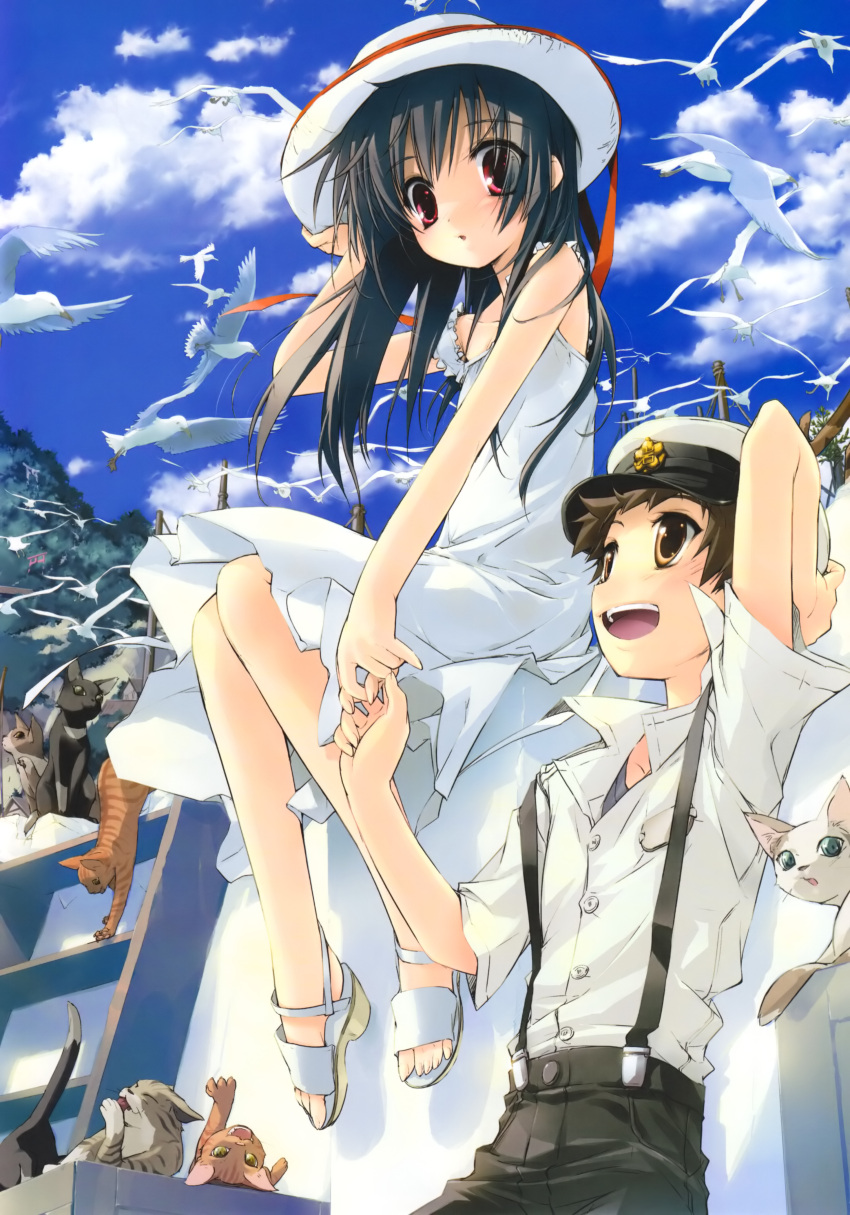 absurdres bird black_hair brown_eyes cat goto_nao gotou_nao hat highres long_hair neko original red_eyes sandals short_hair sitting summer_dress