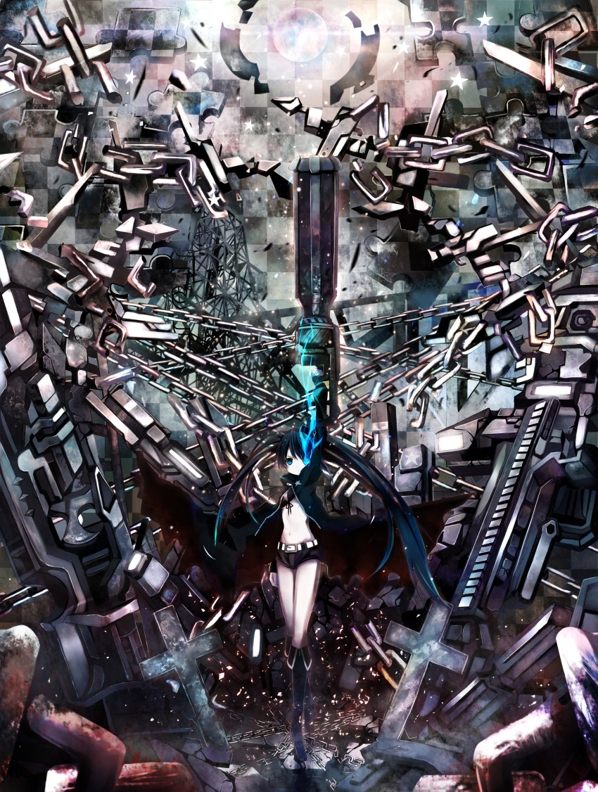 arm_cannon belt bikini_top black_hair black_rock_shooter black_rock_shooter_(character) blue_eyes boots chain coat flat_chest glowing glowing_eyes gun highres jacket long_hair midriff navel scar shino_(eefy) shorts solo twintails uneven_twintails vocaloid weapon