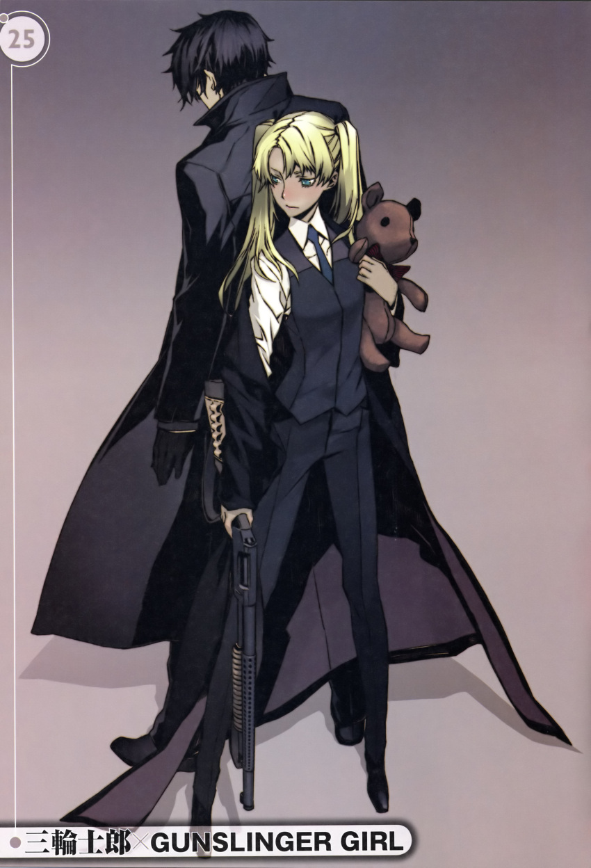 absurdres blonde_hair blue_eyes formal gun gunslinger_girl height_difference highres long_hair miwa_shirou miwa_shirow pant_suit shotgun stuffed_animal stuffed_toy suit tall teddy_bear triela twintails victor_hillshire waistcoat weapon