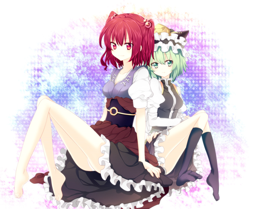 2girls back-to-back bare_legs barefoot black_legwear checkered checkered_background crossed_arms feet gradient_hair green_eyes green_hair hair_bobbles hair_ornament halftone halftone_background hat highres kneehighs legs multicolored_eyes multicolored_hair multiple_girls onozuka_komachi orange_eyes panties pantyshot pantyshot_sitting red_eyes red_hair riichu shikieiki_yamaxanadu short_hair sitting smile socks star starry_background striped striped_background touhou twintails underwear