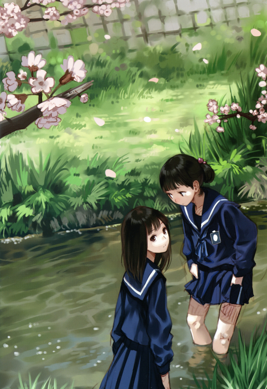 absurdres black_hair brown_eyes flower forest from_above grass hair_bobbles hair_ornament highres kishida_mel long_hair looking_back looking_up maigo_tsuushin multiple_girls nature original petals ponytail river school_uniform seifuku serafuku skirt skirt_lift smile tree water