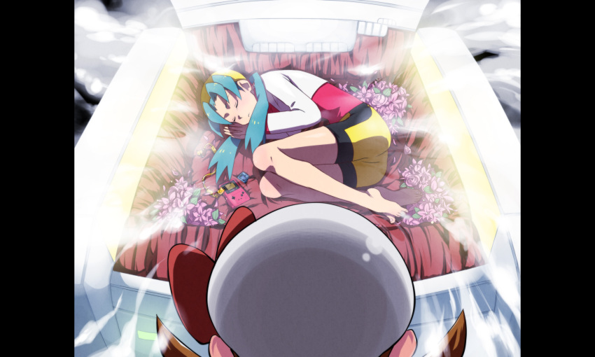 2girls barefoot bike_shorts blue_hair bow box brown_hair cabbie_hat cap closed_eyes crystal_(pokemon) feet fetal_position flower from_above game_boy game_boy_color hat hat_ribbon highres in_box in_container jacket kmj kotone_(pokemon) link_cable multiple_girls nintendo nintendo_gameboy nintendo_gameboy_color parody pikachu pokemon pokemon_(creature) pokemon_(game) pokemon_gsc pokemon_heartgold_and_soulsilver red_ribbon ribbon rose sleeping tengen_toppa_gurren_lagann twintails