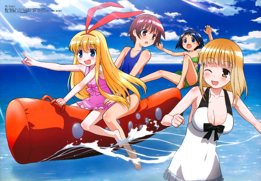 absurdres amae_koromo animal_ears barefoot bikini blonde_hair blue_eyes blue_hair blush breasts brown_eyes brown_hair cleavage cloud fukuji_mihoko highres ikeda_kana inflatable_raft megami miyanaga_saki multiple_girls ocean official_art one-piece_swimsuit red_eyes saki school_swimsuit sky swimsuit swimsuit water wink