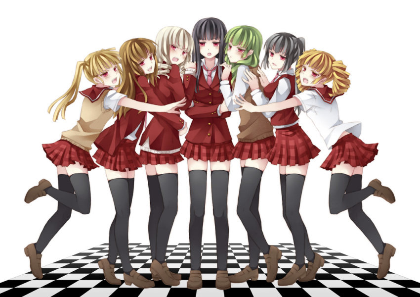 asmodeus beelzebub belphegor black_hair black_legwear blonde_hair contemporary green_hair hug kotoko_(artist) kotoko_(oxxxo) legs leviathan leviathan_(umineko) lucifer mammon satan school_uniform seifuku stakes_of_purgatory thigh-highs thighhighs umineko_no_naku_koro_ni