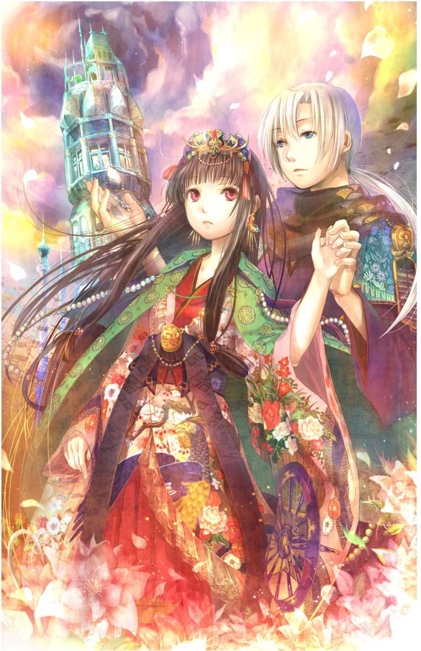 blue_eyes brown_hair flower fuji_choko highres japanese_clothes kimono original petals red_eyes silver_hair tower