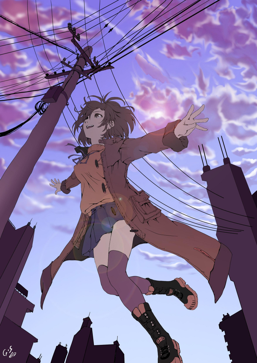 absurdres bad_id boots brown_eyes brown_hair coat g_scream hands highres legs lens_flare original short_hair skirt solo thigh-highs thighhighs