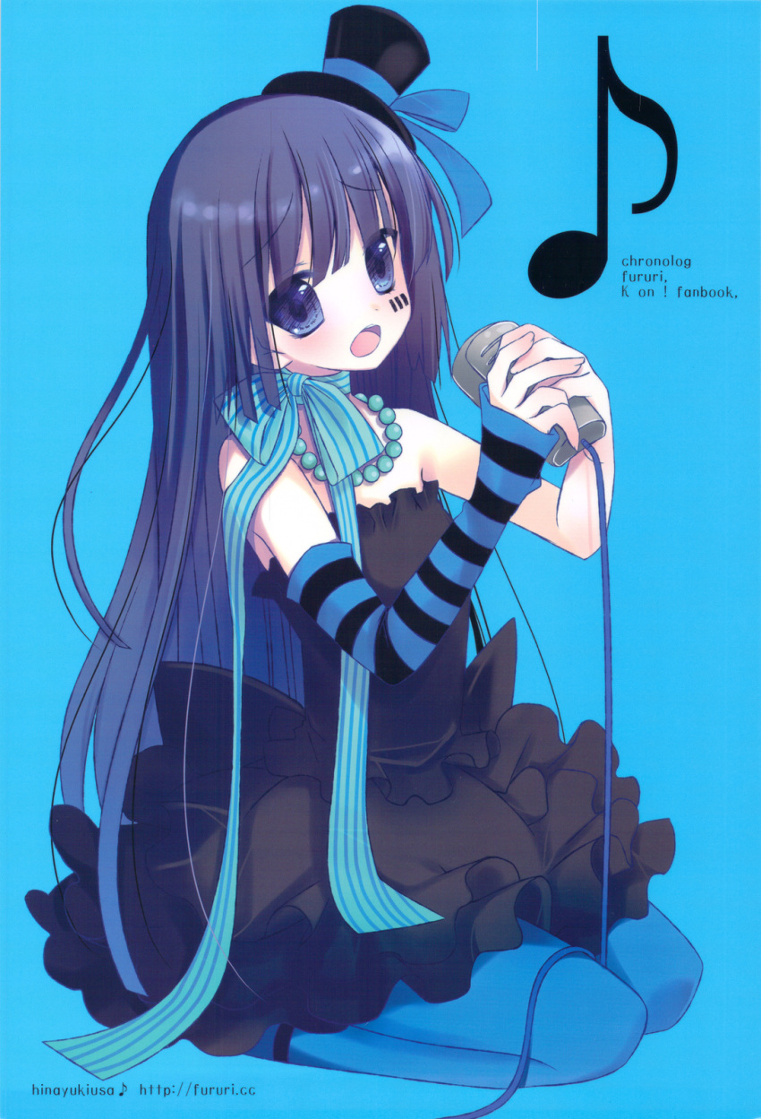 akiyama_mio bangs bare_shoulders black_hair blue_eyes blue_legwear blue_pantyhose blunt_bangs blush don't_say_"lazy" dress facepaint fingerless_gloves gloves hat highres hime_cut hinayuki_usa jewelry k-on! kneeling long_hair microphone mini_top_hat musical_note necklace open_mouth pantyhose ribbon scarf singing solo striped top_hat vintage_microphone