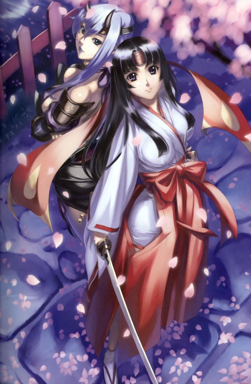 2girls absurdres back-to-back black_hair blue_eyes breasts cherry_blossoms eiwa headband highres horns japanese_clothes long_hair miko multiple_girls ninja queen's_blade queen's_blade shizuka shizuka_(queen's_blade) sword tomoe weapon