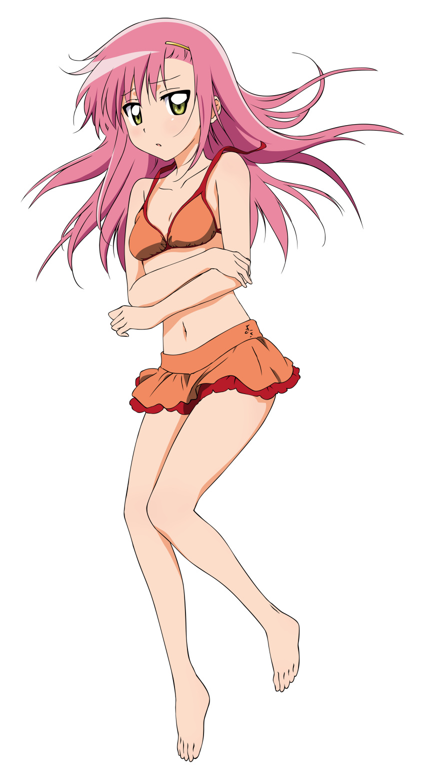 absurdres barefoot bikini blush feet flat_chest hair_ornament hairclip hayate_no_gotoku! highres katsura_hinagiku legs long_hair orange_bikini pink_hair skirt solo swimsuit swimsuit transparent_background vector vector_trace wardrobe_malfunction white_background yellow_eyes