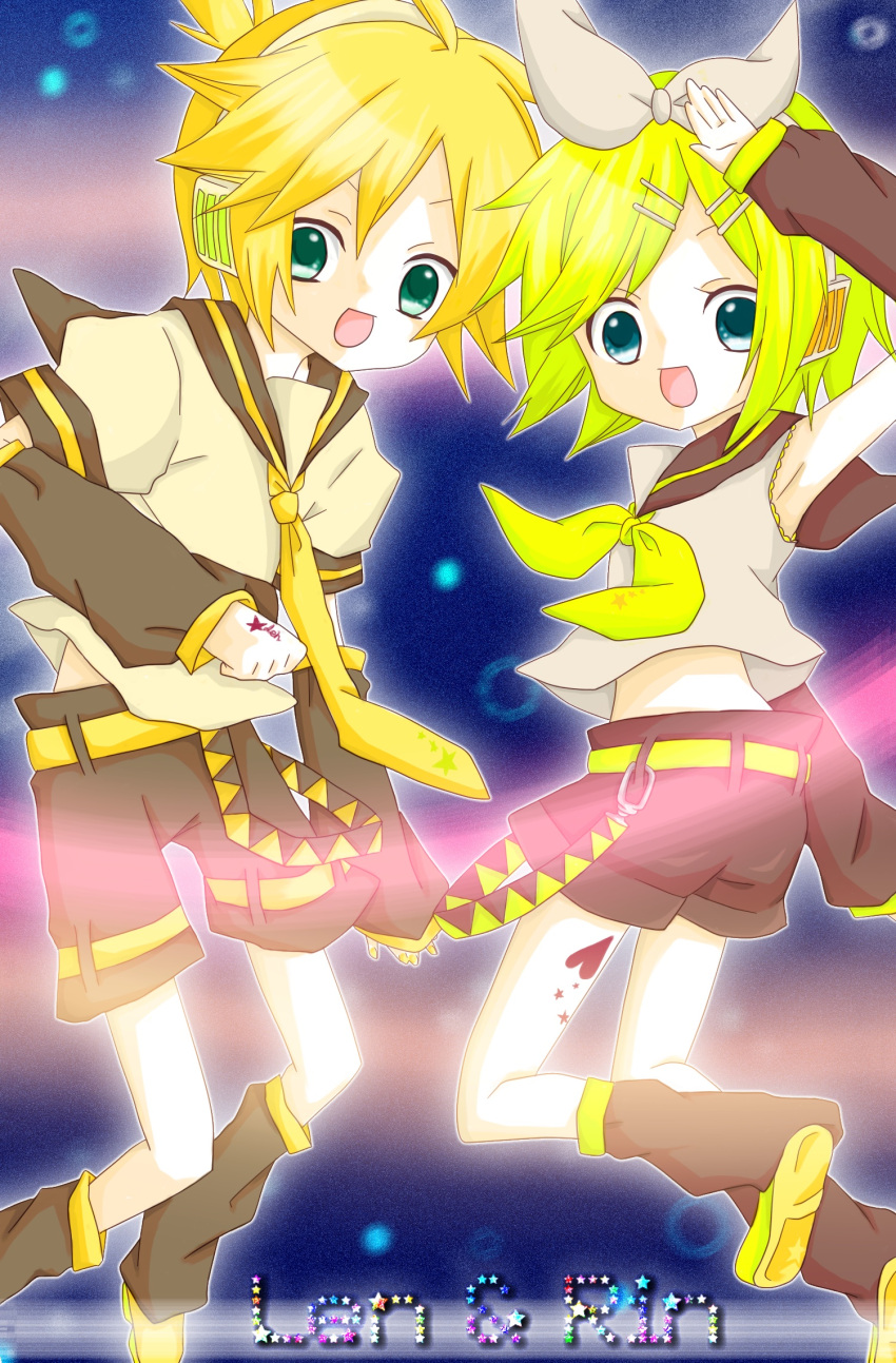 blonde_hair kagamine_len kagamine_rin miuru open_mouth short_hair twins vocaloid