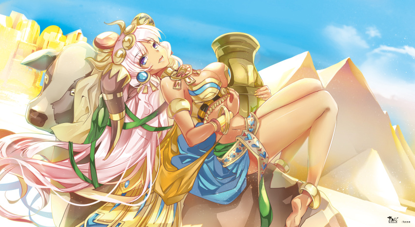 1girl barefoot blue_eyes breasts cleavage dark_skin egyptian hathor_(p&amp;d) heco_(mama) highres horns long_hair looking_at_viewer pink_hair puzzle_&amp;_dragons solo