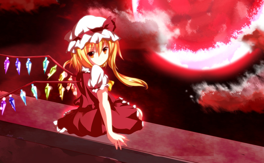blonde_hair cloud clouds dress flandre_scarlet full_moon hat highres moon night nunua red_dress red_eyes side_ponytail sitting solo the_embodiment_of_scarlet_devil touhou wings