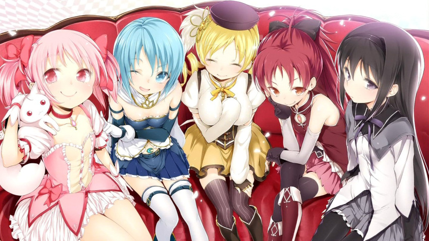 akemi_homura arm_strap black_hair black_legwear blonde_hair blue_eyes blue_hair blush boots bow brooch buriki cape chin_rest closed_eyes collarbone couple drill_hair elbow_gloves fingerless_gloves gloves hair_bow hat jewelry jpeg_artifacts kaname_madoka kyubey long_hair magical_girl mahou_shoujo_madoka_magica miki_sayaka multiple_girls official_art open_mouth pantyhose pink_hair ponytail purple_eyes red_eyes red_hair ribbon ribbon_choker sakura_kyouko screencap short_hair short_twintails sitting skirt smile thighhighs tomoe_mami twin_drills twintails vertical-striped_legwear vertical_stripes white_legwear wink