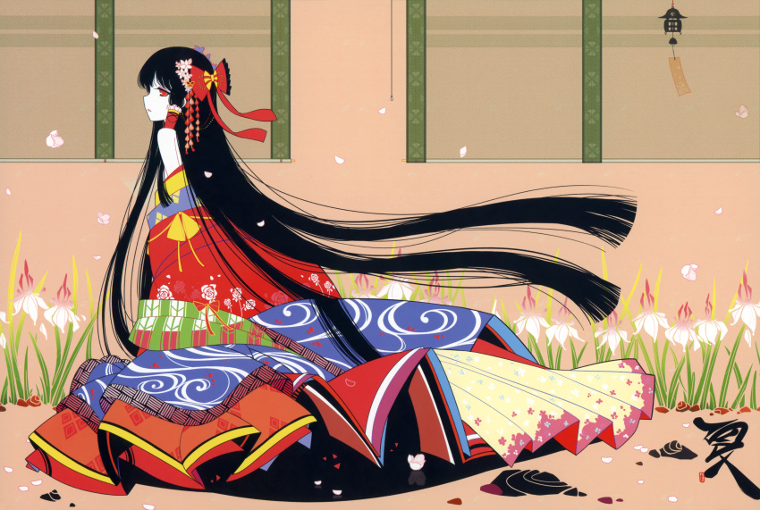 absurdres alternate_costume bare_shoulders black_hair bow flower hair_bow hakurei_reimu highres ideolo japanese_clothes kimono long_hair off_shoulder red_eyes scan solo touhou very_long_hair wind_chime