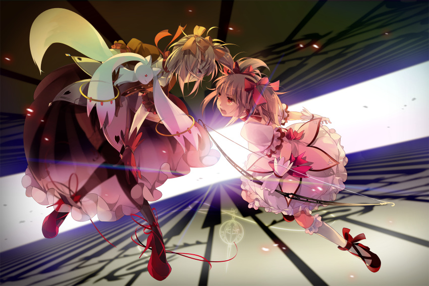 battle bow_(weapon) bubble_skirt dark_persona dual_persona dual_wielding grief_seed highres kaname_madoka kriemhild_gretchen kyubey magical_girl mahou_shoujo_madoka_magica multiple_girls occacia personification pink_eyes pink_hair rem_(artist) shoe_ribbon shoes spoilers tears twintails weapon