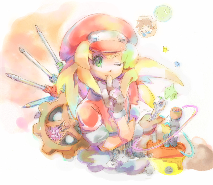 blush capcom dinef finger_to_mouth gears gloves green_eyes hat long_hair open_mouth pencil rock_volnutt rockman rockman_dash roll_caskett screwdriver smile star wink wrench