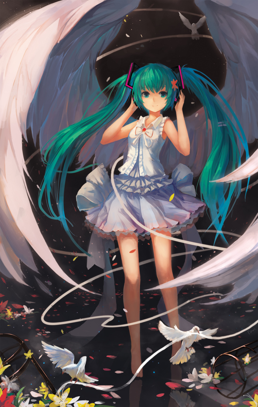 absurdres angel_wings bad_id bare_legs bare_shoulders barefoot bird dove dress flower fom_(lifotai) frills green_eyes green_hair hatsune_miku headphones highres petals ribbon sleeveless smile solo twintails vocaloid white_dress wings