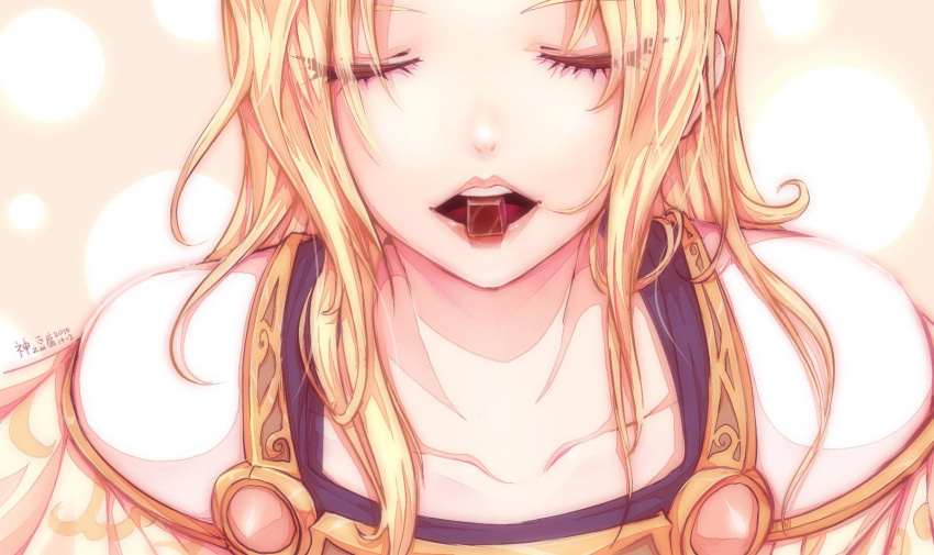 1girl 2014 armor beancurd blonde_hair chocolate close-up closed_eyes collarbone dated eyelashes facing_viewer highres league_of_legends leaning_forward lips long_hair luxanna_crownguard open_mouth pauldrons signature simple_background solo