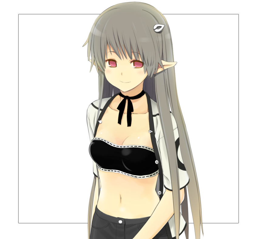 1girl blush breasts long_hair pointy_ears red_eyes simple_background smile solo toshiya very_long_hair white_background