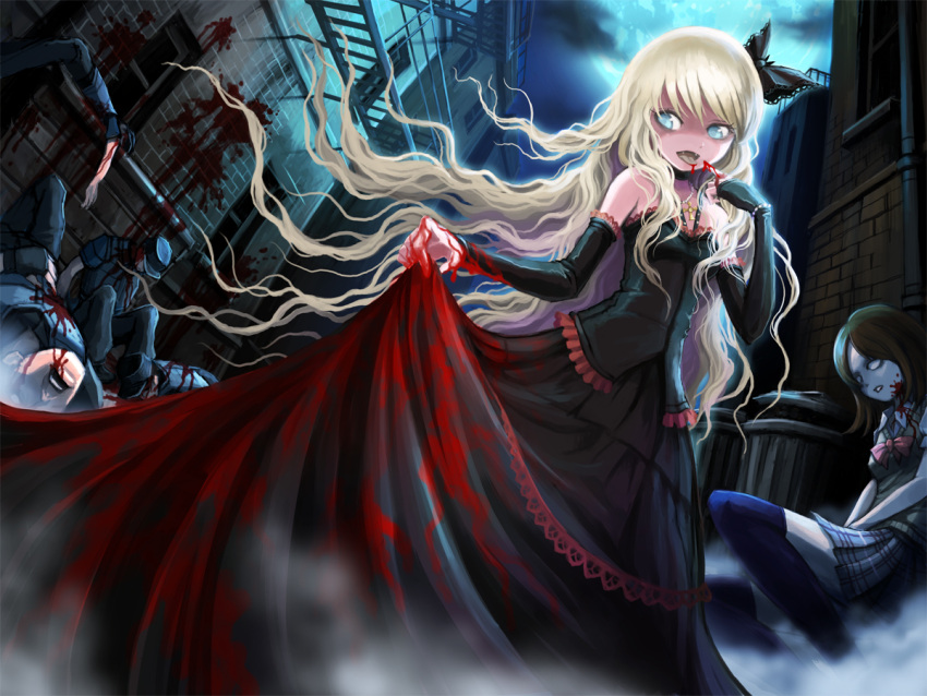 bare_shoulders blonde_hair blood blood_on_clothes bloody_clothes blue_eyes building corpse death detached_sleeves dress dress_lift dutch_angle elbow_gloves fang fangs finger_to_mouth full_moon gloves gothic_lolita guard licking lolita_fashion long_hair moon night open_mouth original school_uniform serafuku skirt skirt_lift sky smile solo tongue trashcan ume ume_(illegal_bible) uniform vampire very_long_hair