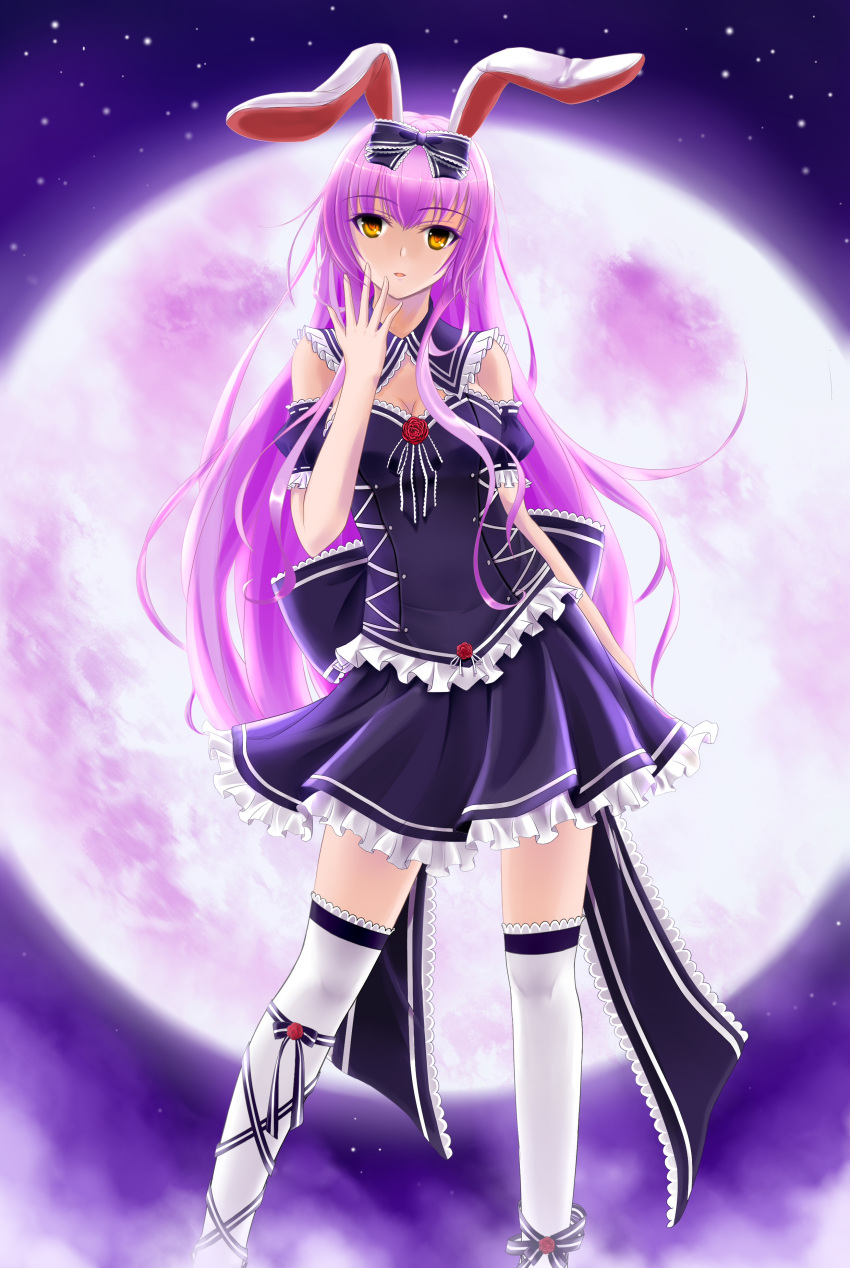 absurdres alternate_costume animal_ears bare_shoulders breasts bunny_ears cleavage fight!_(tipyhoho) full_moon hand_to_mouth highres long_hair moon orange_eyes purple_hair reisen_udongein_inaba ribbon solo standing thigh-highs thighhighs tipyhoho touhou white_legwear yellow_eyes