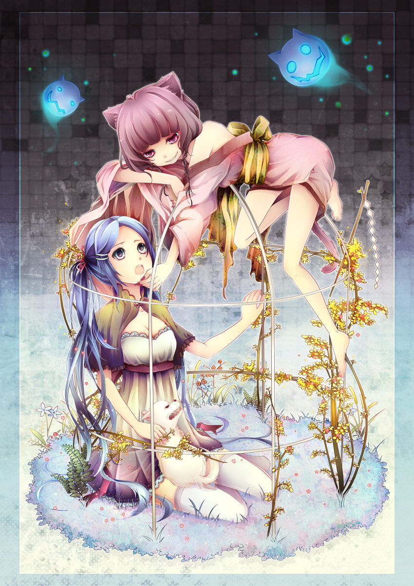 animal_ears bare_legs barefoot birdcage blue_eyes blue_hair braid breasts cage capelet cat_ears cleavage ghost highres japanese_clothes kimono long_hair nail_polish nyaroro obi off_shoulder open_mouth original pink_eyes red_hair redhead short_kimono thigh-highs thighhighs twin_braids twintails