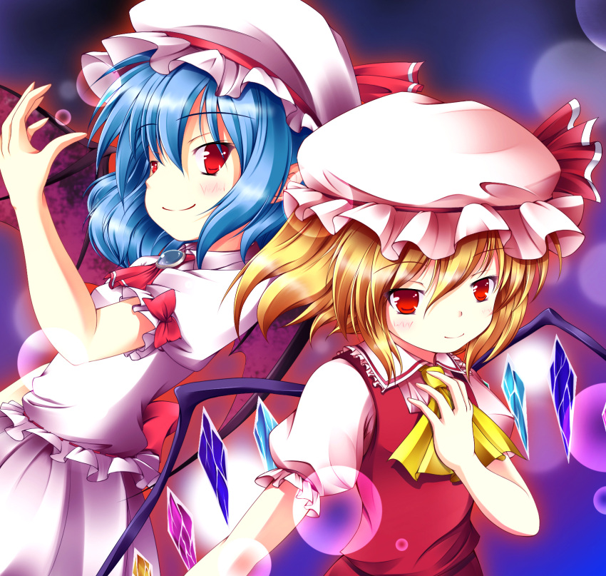 2girls ascot bat_wings blonde_hair blue_hair blush bubble bust dress flandre_scarlet hat highres multiple_girls red_eyes remilia_scarlet sangoruri short_hair siblings side_ponytail sisters smile touhou wings