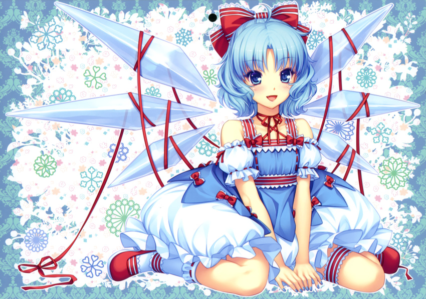 absurdres adapted_costume ahoge bare_shoulders blue_eyes blue_hair blush bow cirno dress fang hair_bow highres leg_garter nail_polish open_mouth ribbon ribbon_choker sayori short_hair simple_background sitting smile solo touhou v_arms wariza wings