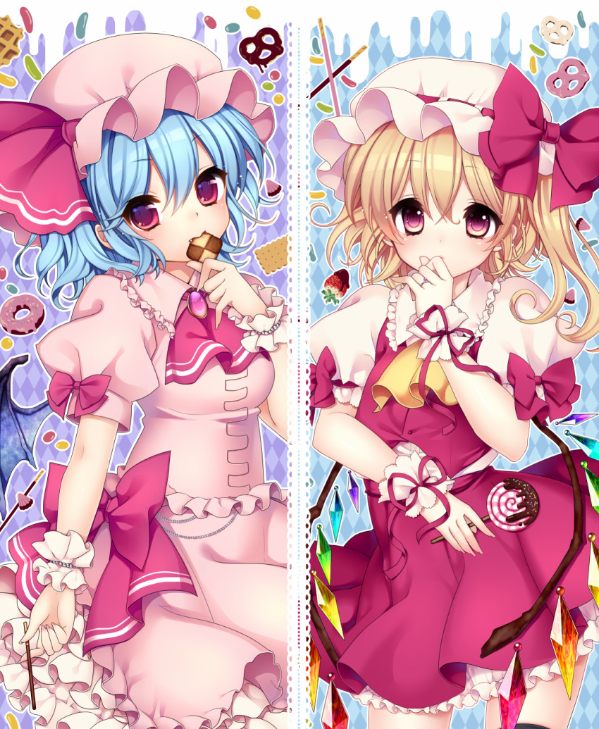 2girls bad_id bat_wings blonde_hair blue_hair candy checkerboard_cookie chocolate cookie crystal doughnut eating fang fingernails flandre_scarlet food fruit hand_to_mouth hands hat highres jelly_bean jewelry lollipop masaru.jp multiple_girls pink_eyes pinky_out pocky pretzel remilia_scarlet ring short_hair siblings sisters strawberry touhou wings wrist_cuffs