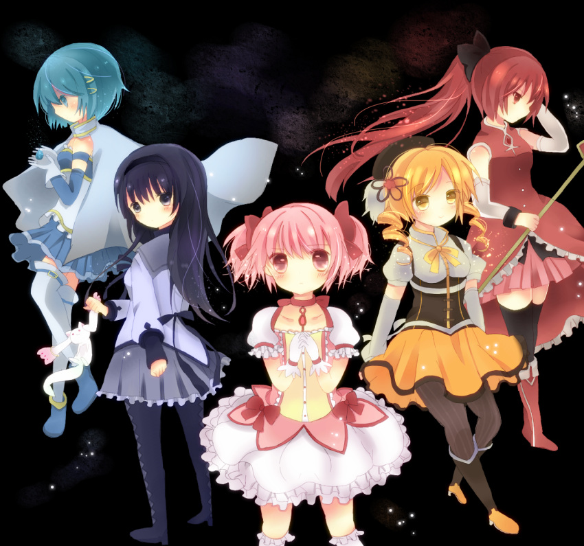 akemi_homura argyle argyle_legwear beret black_hair blonde_hair blue_eyes blue_hair boots brown_legwear cape detached_sleeves drill_hair everyone fingerless_gloves gloves hair_ornament hair_ribbon hairband hairpin hat kanakana123 kaname_madoka kyubey light_particles long_hair magical_girl mahou_shoujo_madoka_magica miki_sayaka multiple_girls pantyhose pink_eyes pink_hair pleated_skirt polearm ponytail puffy_sleeves purple_eyes red_eyes red_hair redhead ribbon sakura_kyouko short_hair short_twintails skirt soul_gem spear thigh-highs thighhighs tomoe_mami twin_drills twintails vertical-striped_legwear vertical_stripes violet_eyes weapon yellow_eyes zettai_ryouiki