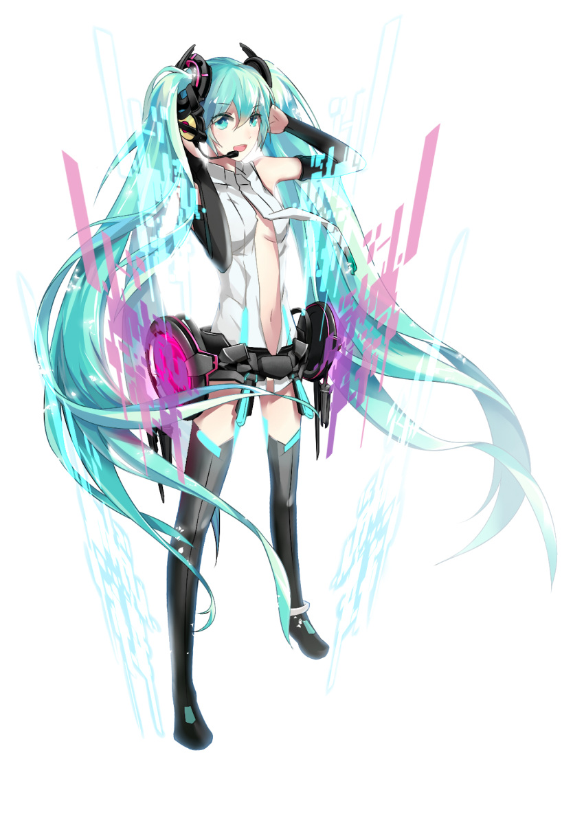 aqua_eyes aqua_hair arms_up bridal_gauntlets elbow_gloves gloves hands_on_headphones hatsune_miku hatsune_miku_(append) headphones headset highres lightofheaven long_hair miku_append navel necktie open_mouth solo thigh-highs thighhighs twintails very_long_hair vocaloid vocaloid_append