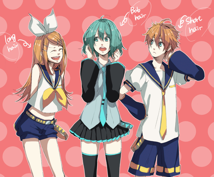 2girls alternate_hairstyle bow english hatsune_miku highres kagamine_len kagamine_rin kunieda_(miniaturegarden) long_hair male multiple_girls pixiv_manga_sample short_hair siblings skirt thighhighs twins vocaloid