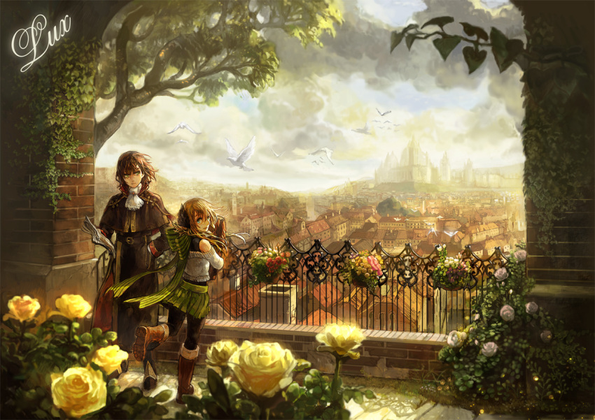 boots branch bread brick_wall brown_hair building castle chibi_(shimon) city cityscape cloud clouds fence flower food green_eyes house leaf looking_back noble original rail railing rose scarf scenery short_hair sky town tree vines yellow_rose