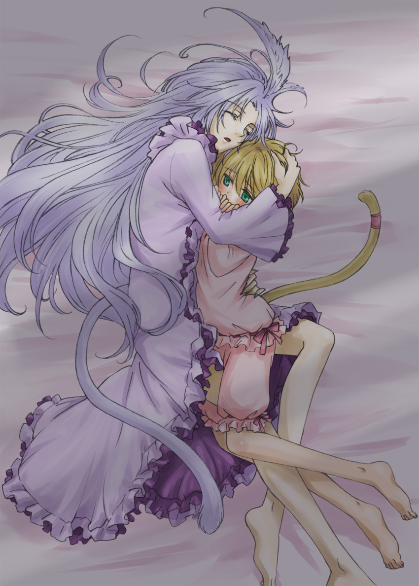 barefoot blonde_hair blush brother_and_sister closed_eyes eyes_closed feet final_fantasy final_fantasy_ix green_eyes highres hug kuja long_hair lying mali mikoto mikoto_(ff9) pajamas siblings silver_hair sleeping tail