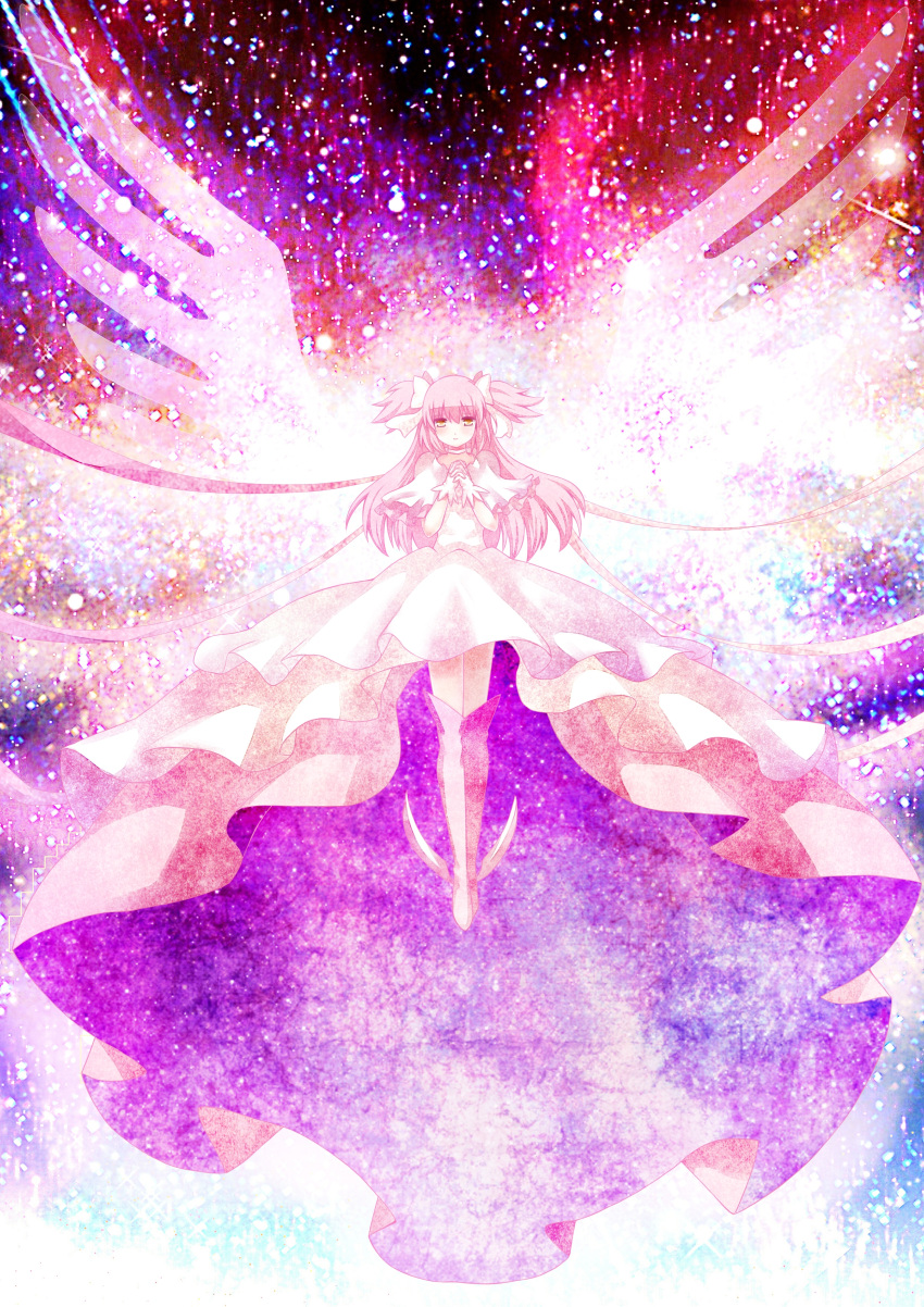 absurdres boots dress gloves goddess_madoka hands_together highres kaname_madoka long_hair mahou_shoujo_madoka_magica pink_hair solo space spoilers star thigh_boots thighhighs twintails two_side_up ultimate_madoka wings yellow_eyes zinczinc_ka