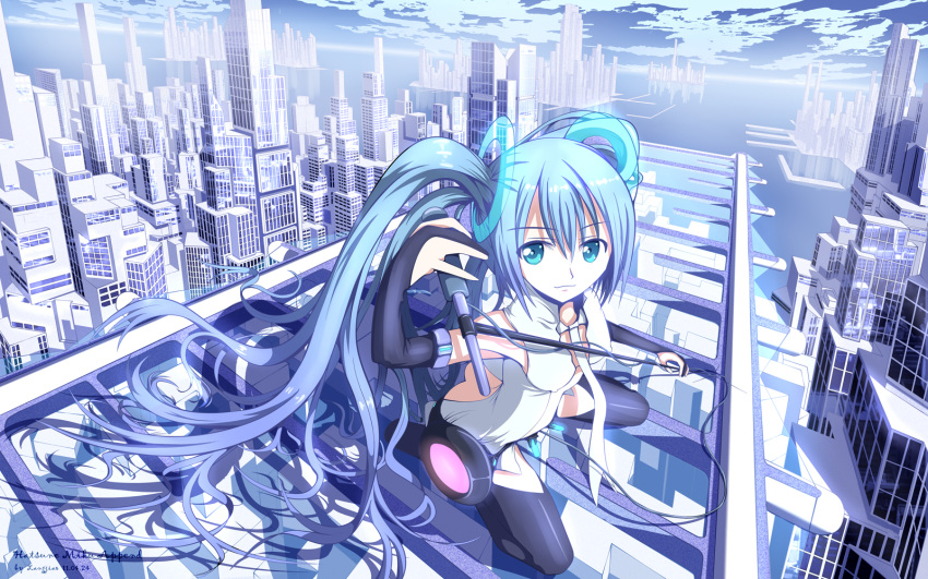 aqua_eyes aqua_hair belt blue_eyes blue_hair bridal_gauntlets building city cityscape fingerless_gloves from_above gloves hatsune_miku hatsune_miku_(append) highres langjiao long_hair microphone_stand miku_append necktie sitting smile solo thighhighs twintails very_long_hair vocaloid vocaloid_append