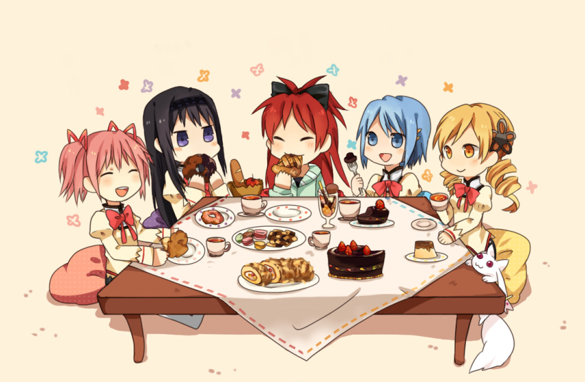 cake chibi closed_eyes cookie cup cushion doughnut drill_hair eating eyes_closed food kaname_madoka kyubey long_hair mahou_shoujo_madoka_magica miki_sayaka parfait pie sakura_kyouko school_uniform short_hair table teacup tomoe_mami tomoyami