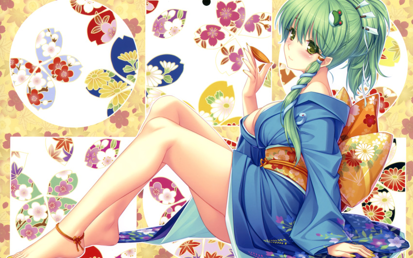 barefoot blush cleavage green_eyes green_hair japanese_clothes kimono kochiya_sanae long_hair ponytail sayori touhou