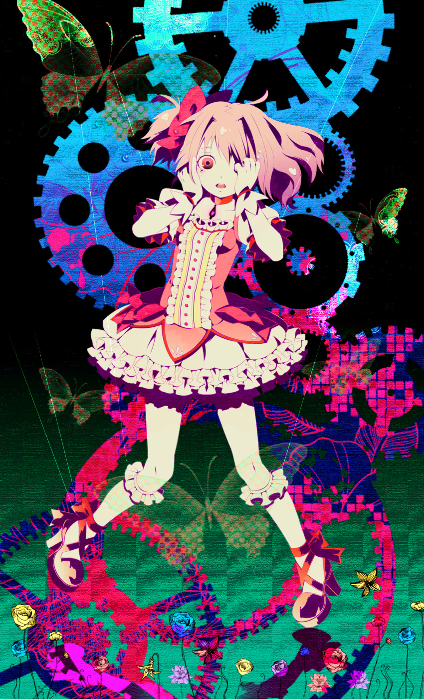8055 bubble_skirt butterfly crazy_eyes flower gears hair_over_one_eye highres kaname_madoka magical_girl mahou_shoujo_madoka_magica pink_eyes pink_hair shoes short_hair side_ponytail solo tears twintails
