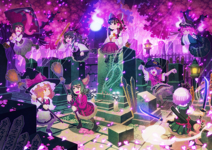 animal_ears blonde_hair blue_eyes blue_hair broom brown_eyes brown_hair cherry_blossoms cup detached_sleeves dress geung_si ghost glowing graveyard green_eyes green_hair hakurei_reimu hands_in_sleeves hat heart heterochromia hitodama jiangshi karakasa_obake kasodani_kyouko katana kirisame_marisa kochiya_sanae konpaku_youmu konpaku_youmu_(ghost) long_hair miko miyako_yoshika multiple_girls namusanbou night ofuda open_mouth pale_skin petals pink red_eyes saigyouji_yuyuko scabbard sheath short_hair sitting sotoba stone_lantern sword tassel tatara_kogasa ten_desires tombstone tongue touhou triangular_headpiece umbrella weapon witch witch_hat zounose